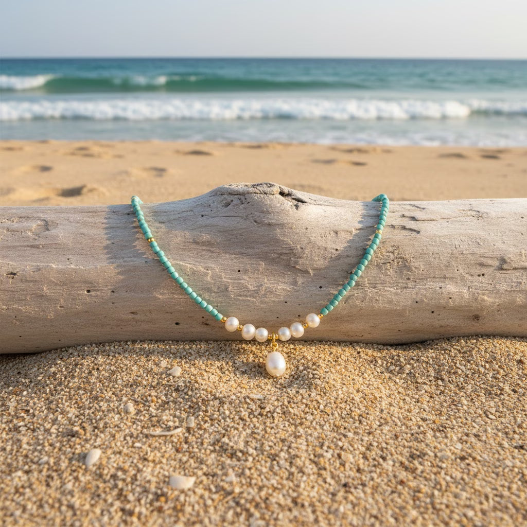 Premium Minimal Turquoise en Parel Halsketting