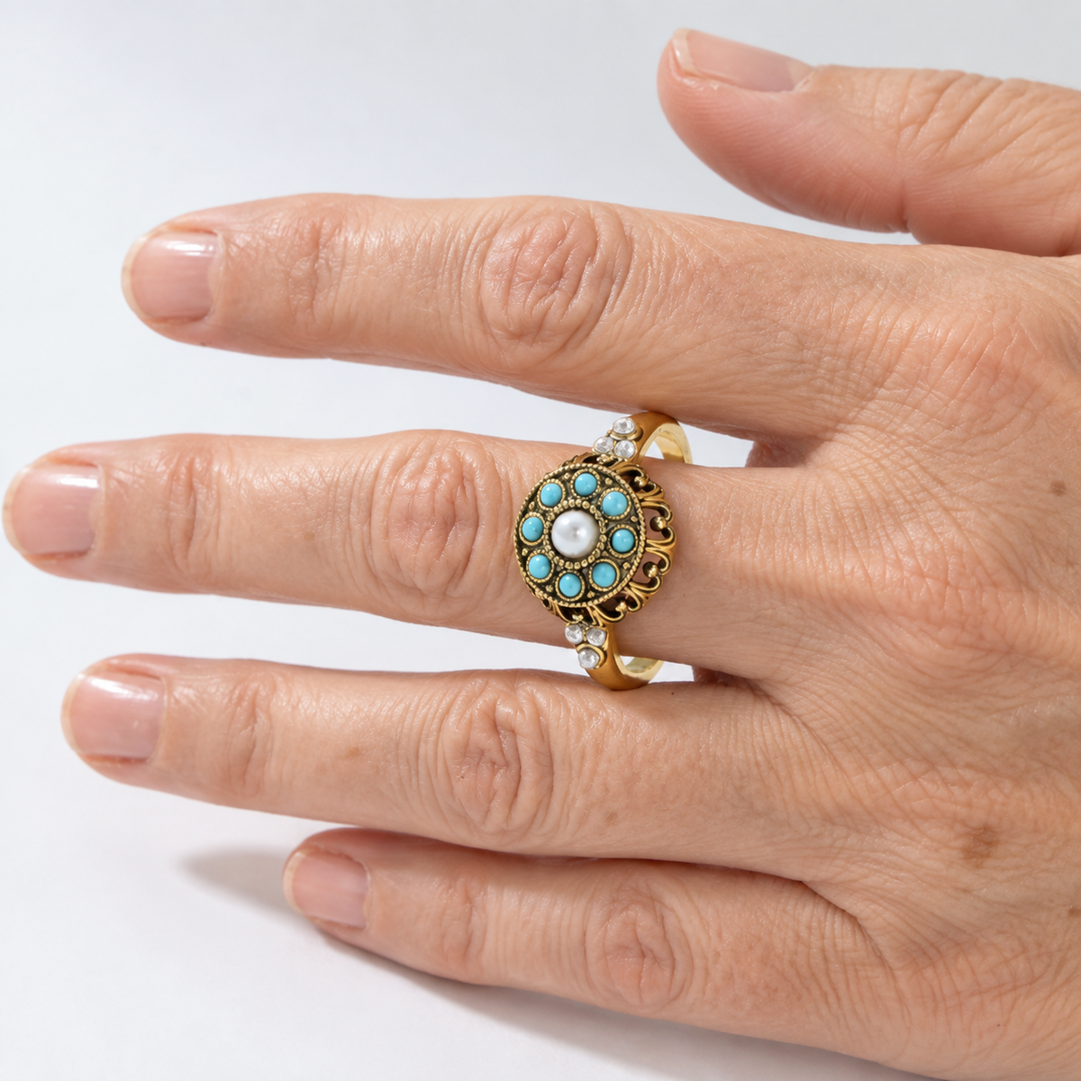 Premium Bloemige Turquoise Parelring