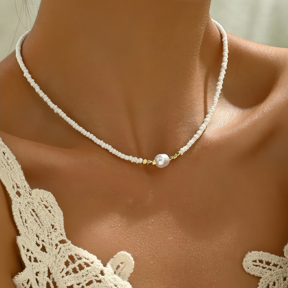 Minimale Turquoise en Parel Ketting