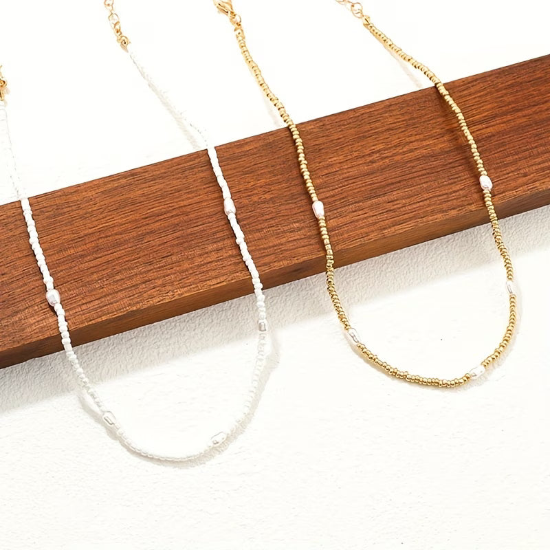 Gelaagde Gouden & Parels Beaded Ketting Set