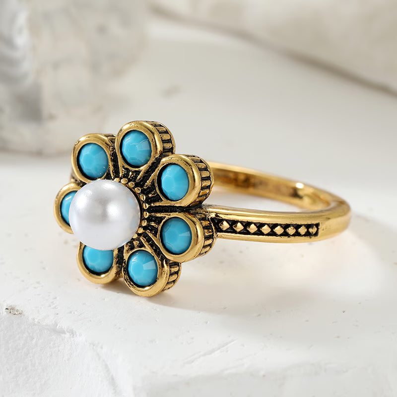 Elegante Bloemige Turquoise Parelring