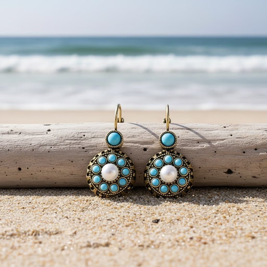 Premium Parel Bloem en Turquoise Oorbellen