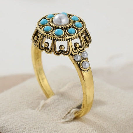 Premium Bloemige Turquoise Parelring