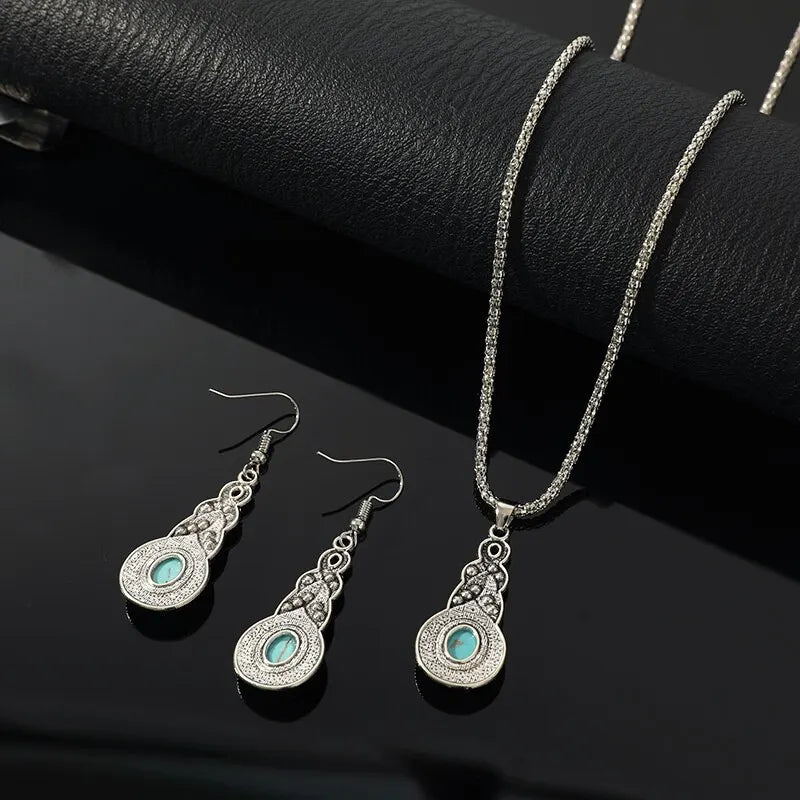 Elegante Turquoise Halsketting en Oorbellen Set