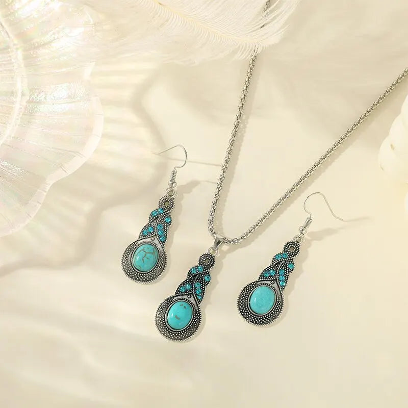 Elegante Turquoise Halsketting en Oorbellen Set