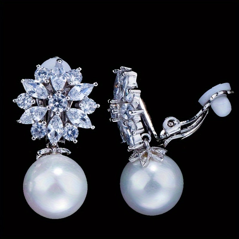 Elegante Parel Druppel Zirconia Clip Oorbellen