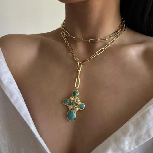 Statement Turquoise Cross Lariat Necklace