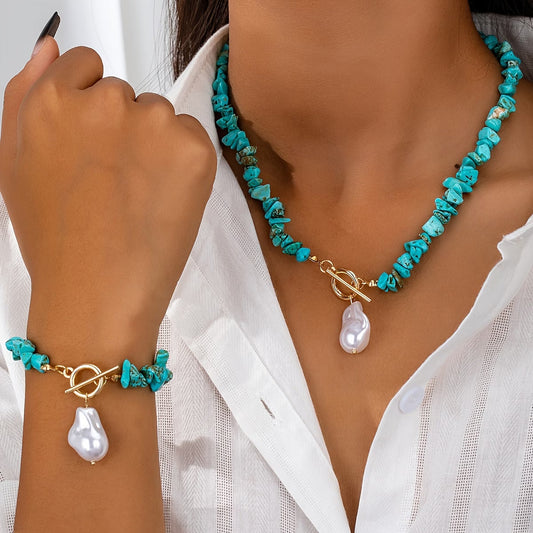 Turquoise & Parel Halsketting Armband Set
