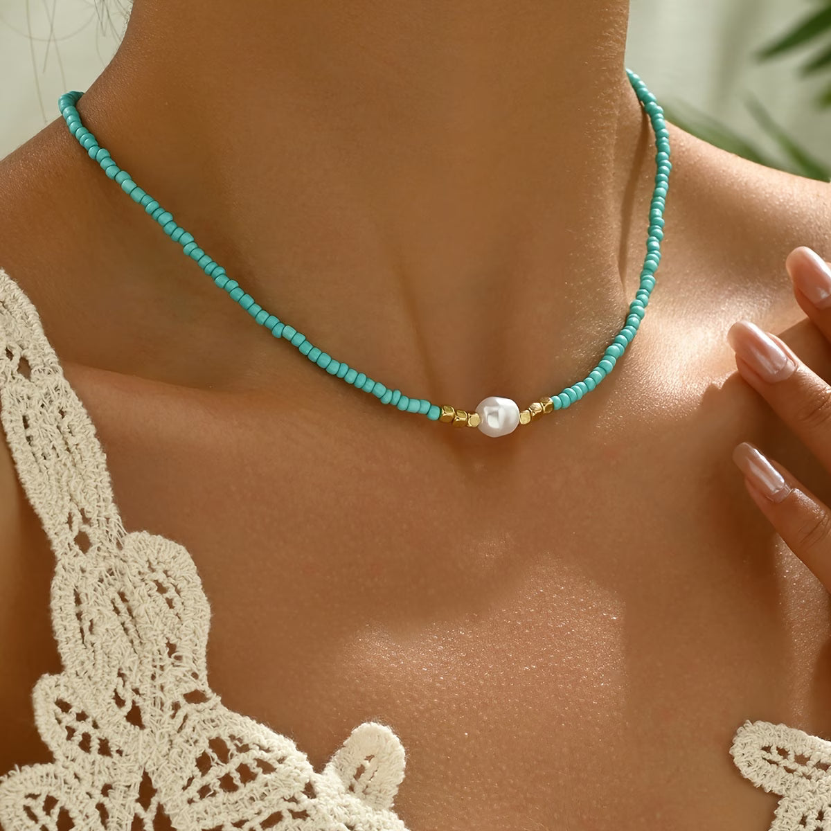 Minimale Turquoise en Parel Ketting