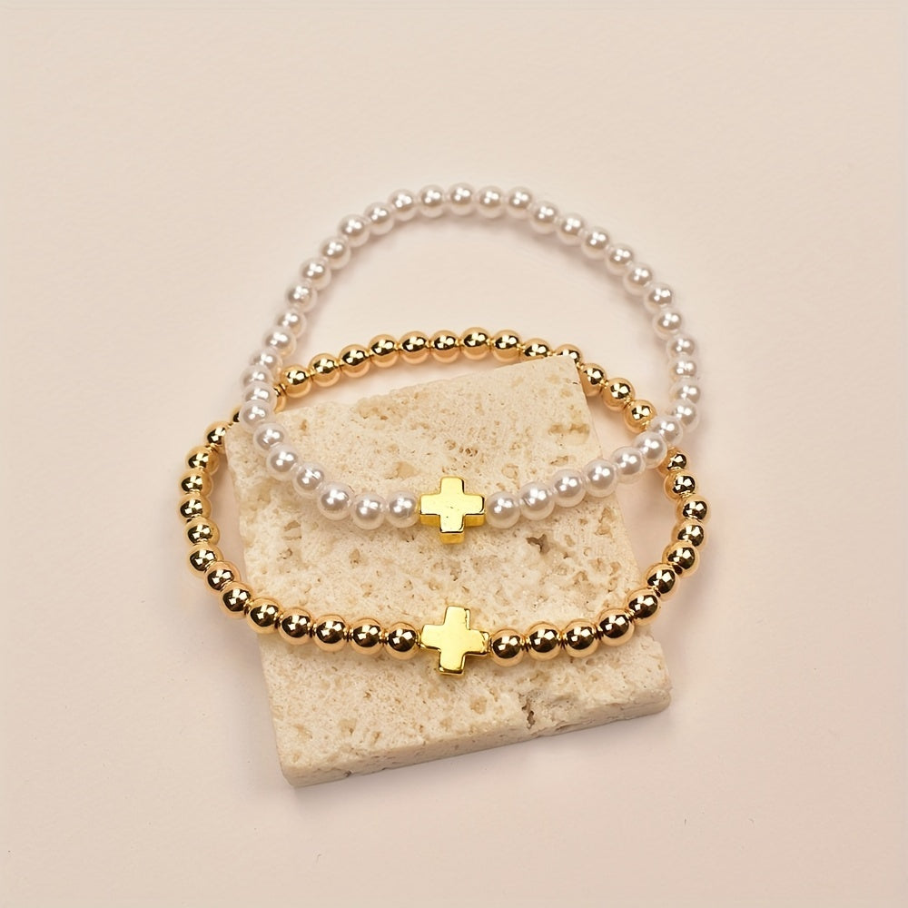 Delicate Parels Cross Armband Set
