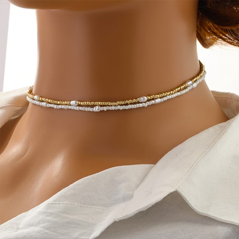 Gelaagde Gouden & Parels Beaded Ketting Set